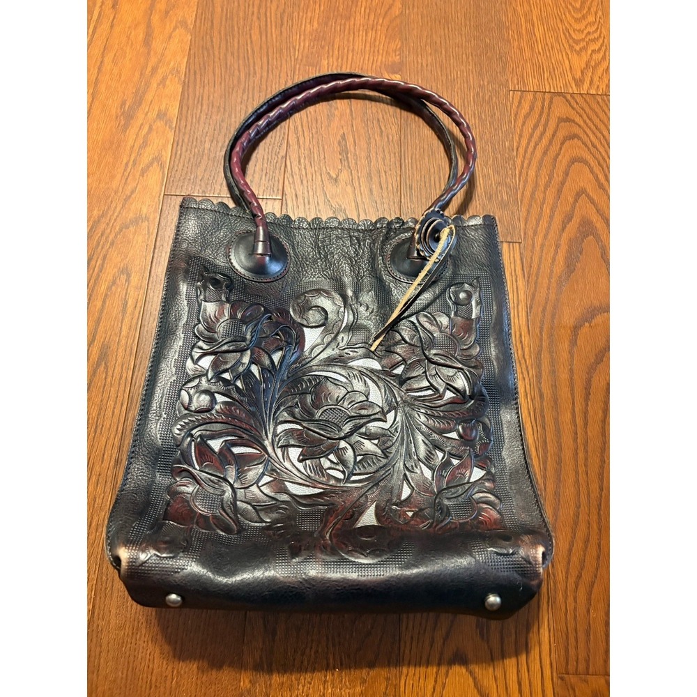 PATRICIA NASH CAVO Dark Brown Burgundy Tooled Leather Floral Cutout Shoulder Bag